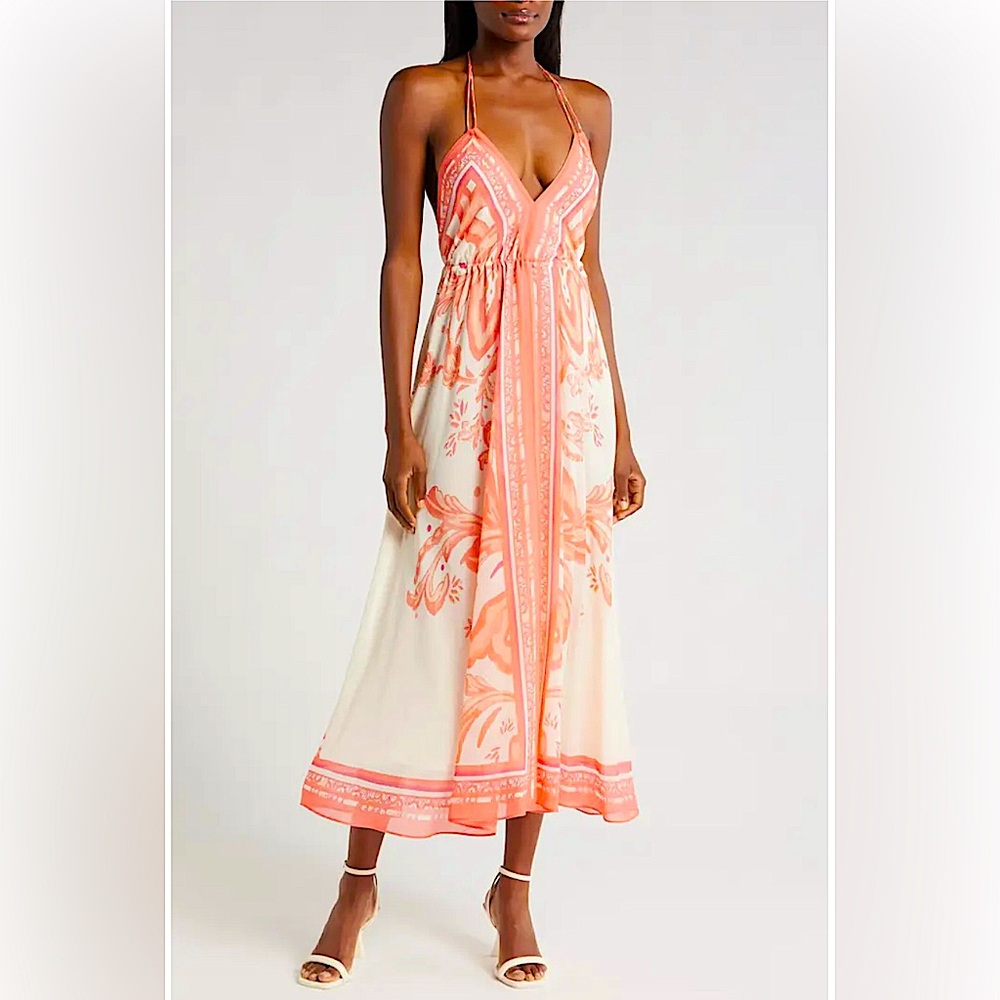 REISS Delilah Scarf Print Satin Halter Dress